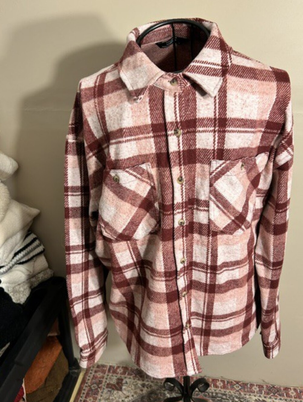 Members Mark THICK size medium womens pink  flannel plaid button down shirt